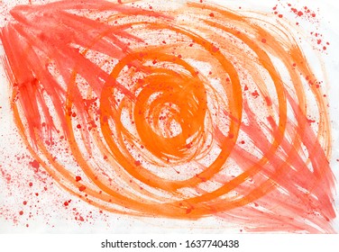 Watercolor abstract background with red and orange splashes and line of paint on white paper. Hand painted texture. Art imitation of a cosmic explosion or electromagnetic field.