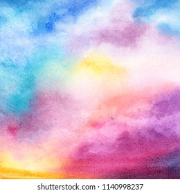 Watercolor Abstract Background. Sea And Sky. Nature Landscape. Pink And Blue Clouds. Painting Landscape With Sea And Sky. Paradise. Sunrise, Sunset.