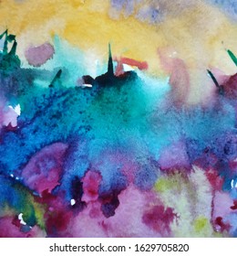 Watercolor Abstract Bright Colorful Textural Background Handmade . Painting Of Underwater World Of Coral Reef. Modern Sea Scape