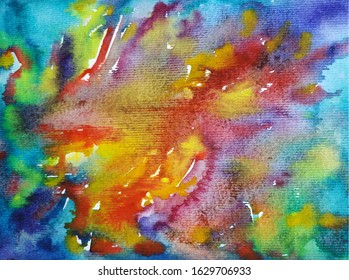 Watercolor Abstract Bright Colorful Textural Background Handmade . Painting Of Underwater World Of Coral Reef. Modern Sea Scape