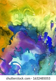 Watercolor Abstract Bright Colorful Textural Background Handmade . Painting Of Underwater World Of Coral Reef. Modern Sea Scape