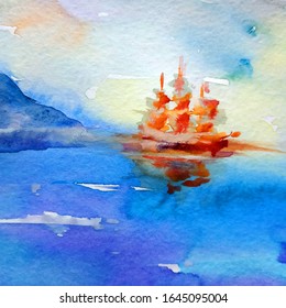 Watercolor Abstract Bright Colorful Textural Background Handmade . Painting Of Sailboat At Sea. Modern Sea Scape