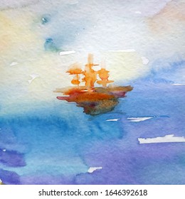 Watercolor Abstract Bright Colorful Textural Background Handmade . Painting Of Sailboat At Sea. Modern Sea Scape