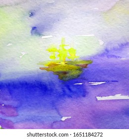 Watercolor Abstract Bright Colorful Textural Background Handmade . Painting Of Sailboat At Sea. Modern Sea Scape