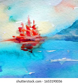 Watercolor Abstract Bright Colorful Textural Background Handmade . Painting Of Sailboat At Sea. Modern Sea Scape