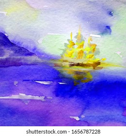 Watercolor Abstract Bright Colorful Textural Background Handmade . Painting Of Sailboat At Sea. Modern Sea Scape