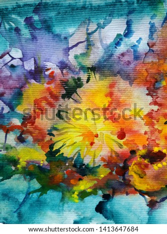 Watercolor abstract bright colorful textural background handmade . Painting of underwater world of coral reef. Modern sea scape