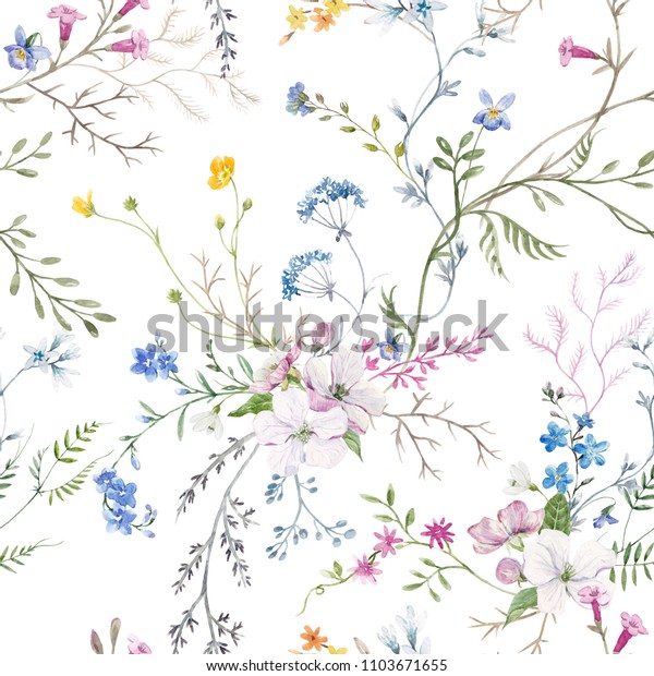 水彩抽象的花柄レトロ模様 花のリンゴ 葉と枝 ビンテージ花柄の壁紙 のイラスト素材