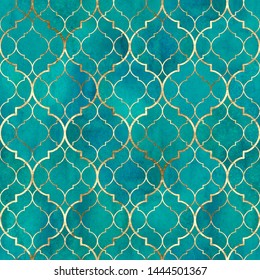 Watercolor abstract geometric seamless pattern. Vintage decorative moroccan texture with gold line. Watercolour hand drawn green teal golden background. Print for textile, wallpaper, wrapping.