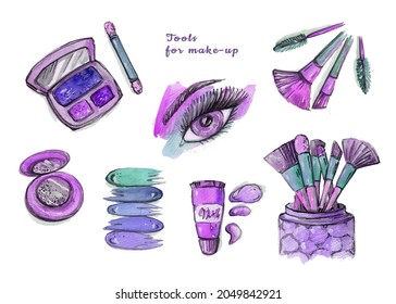 Watercolor abstract hand drawing Makeup tools set  Watercolour woman eye  Make  up brush  Eyeshadow   face powder white background  Gradient violet  purple   turquoise colors
