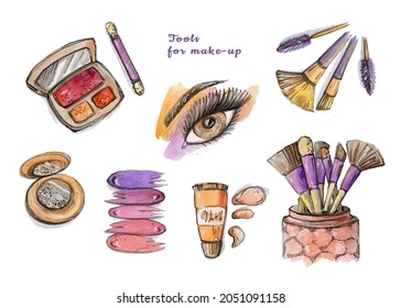 Watercolor abstract hand drawing Makeup tools set  Watercolour woman eye  Make  up brush  Eyeshadow   face powder white background  Gradient orange  violet  purple   brown colors