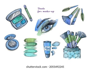 Watercolor abstract hand drawing Makeup tools set  Watercolour woman eye  Make  up brush  Eyeshadow   face powder white background  Gradient green  blue   turquoise colors
