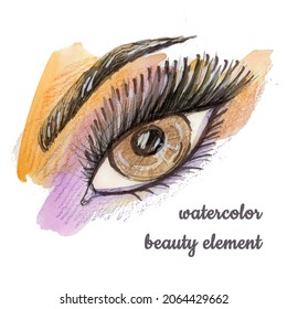 Watercolor Abstract Hand Drawing Makeup Woman Open Eye Forming By Blots On White Background. Gradient Violet And Orange Colors. Brown Eyeball