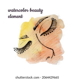 Watercolor abstract hand drawing Makeup woman face forming by blots white background  Gradient orange   yellow colors  Pair close eye