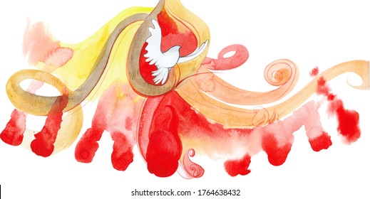 
Watercolor abstract illustration of Pentecost, Descent of the Holy Spirit in the form of a dove and fire. Christian background for church publications and printing. Splatter and stains