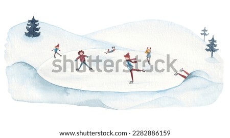 Watercolor Abstract Illustration with Skaters. Winter illustration