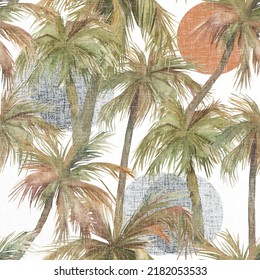 Watercolor Abstract  Jungle Seamless Pattern. Tropical Paradise, Palm Tree, Orange Sun. Hand Drawn Illustration