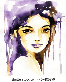 Watercolor, Abstract Portrait Of A Woman