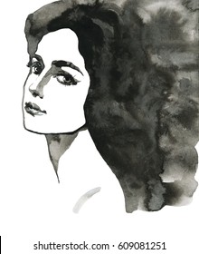 Watercolor Abstract Portrait Of Young Beautiful Woman. Hand Drawn Girl Face On White Background. Painting Fashion Black And White Illustration In Vintage Style