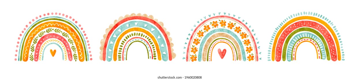 Watercolor abstract rainbow collection. Cute pastel rainbow isolated on white background in childish scandinavian style. Printable poster for kids prints, cards, fabric, textile