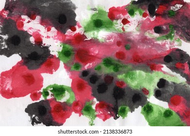 Watercolor Abstract Red, Green And Black Background, Hand Drawing