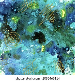 Watercolor Abstract Seamless Pattern, Blue And Green Gradient, Pattern Of Gold Sequins, Space Effect, Blurry Pattern, Wet Paint, Mixed Media, Deep Dive, Rich Ocean