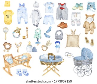 Watercolor Accessories For Newborns. Items For A Newborn Boy Clipart. Drawing Blue Baby Clothes. Children's Decor. Booties, Body, Baby Cradle Illustration.
