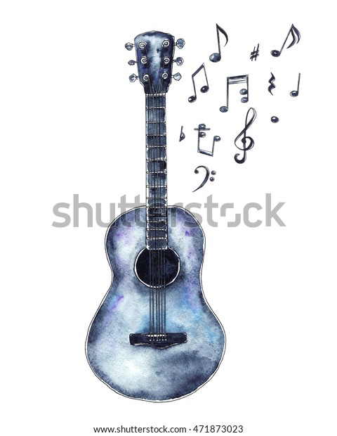 白い背景に水色のアコースティックギターと黒い輪郭 手描きのイラスト のイラスト素材