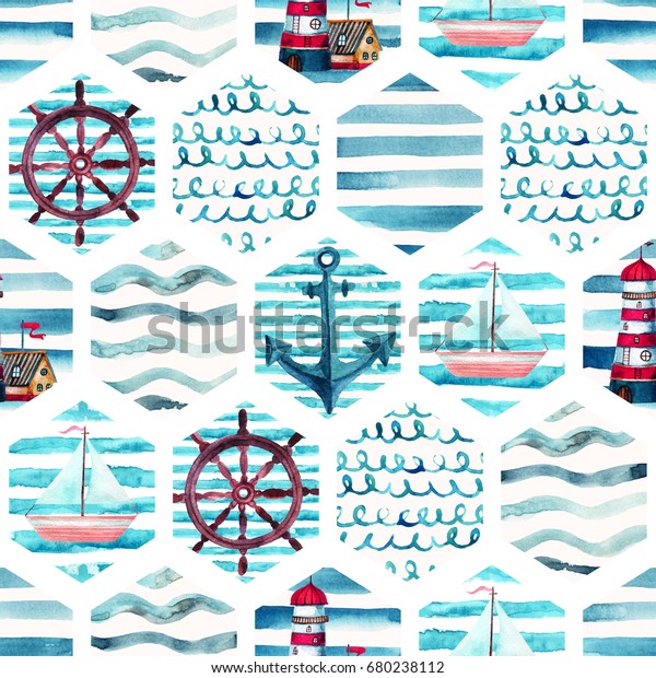 Watercolor Adventure Seamless Pattern Patchwork Marine Stock ...