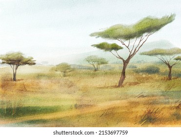 Watercolor Africa Landscape. African Savannah Background.