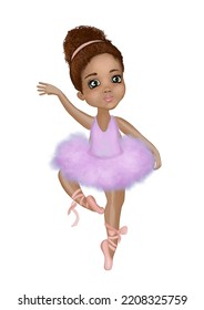 Watercolor African American Ballerina Girl. Hand Drawn Aquarelle Brown Hair Girl In Violet Tutu, Pointe Shoes. Isolated On White Background. Design For Ballet, Frame Art, Sublimation.