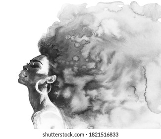 Watercolor African Woman. Hand Drawn Abstract Portrait Of Pretty Lady On White Background. Side View. Painting Fashion Black And White Illustration. 