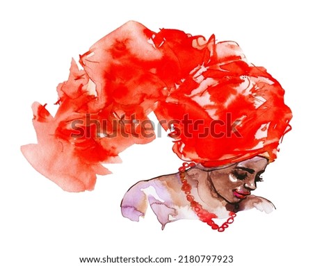 Watercolor African woman with red turban and beads. Hand drawn portrait of lady, closed eyes. Painting fashion isolated illustration on white background.