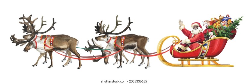 Watercolor afro american Santa Claus on a sleigh with gifts, a Christmas tree and 4 reindeer - Powered by Shutterstock