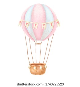 Watercolor Air Ballon . Baby Print Or Poster. Hand Drawn Cute Illustration Contemporary Art. 