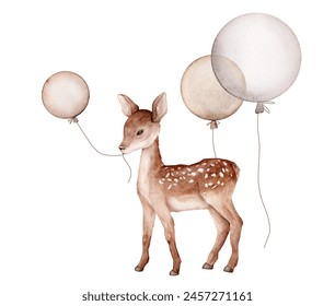 Watercolor Air Balloons and deer on isolated background. Hand drawn illustration for greeting cards with animal. Set of objects for party celebration. Happy birthday decor on pastel colors. - Powered by Shutterstock