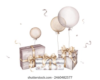 Watercolor Air Balloons and exploding confetti and gifts on isolated background. Hand drawn illustration for greeting cards with presents. Set of objects for Happy birthday on pastel colors. - Powered by Shutterstock