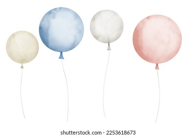 Watercolor Air Balloons on isolated background. Hand drawn illustration for greeting cards or invitations. Set of objects for party celebration. Happy birthday decor on pastel blue and red colors. - Powered by Shutterstock