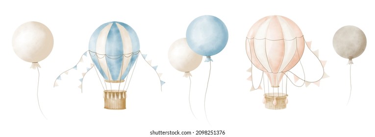 Watercolor Air Balloons set  Aircraft and basket   pennants  Hand painted illustration for Children design in Cartoon style  Vintage old transport and hot air for icon logo