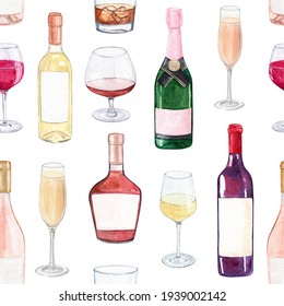 watercolor alcohol bottles and glasses seamless pattern on white background. Wine and champagne bottles hand drawn print for fabric, wrapping, wallpaper - Powered by Shutterstock