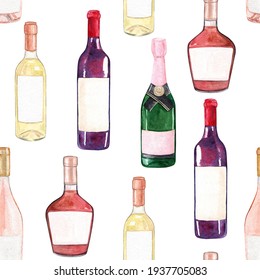 Watercolor alcohol drinks bottles seamless pattern on white background. For fabric, wrapping, wallpaper
