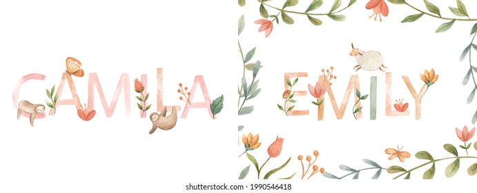 Watercolor Alphabet Baby Names For Nursery With Cute Animals 