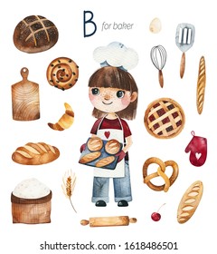 Watercolor Alphabet Profession Set.Learn Letters With Funny Professions.Baker For B Letter.Perfect For Education,baby Shower,children Prints Or Kitchen Decor,template Card, Books,recipes And Much More