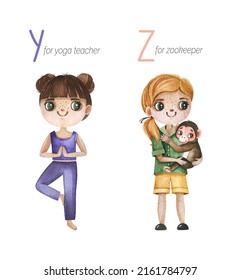 Watercolor Alphabet Profession set.Learn letters with funny professions.Yoga teacher for Y, Zookeeper for Z.Perfect for education,baby shower,children prints,template card, books,greeting,your project