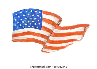 Watercolor american flag on white background. USA flag with stars and stripes. National patriotism and independence.