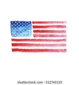 Watercolor American flag. Symbol of the USA painted with watercolours and brush. Red stripes and 50 hand drawn stars. 