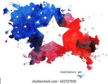 Watercolor American Stars On A Red And Blue Blobs