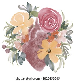 Watercolor Anatomy Of The Human Heart With Florals.