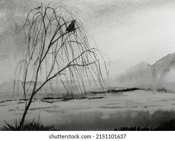 watercolor ancient chinese ink painting asian landscape mountain fog mystery crow sitting on a willow tree.	