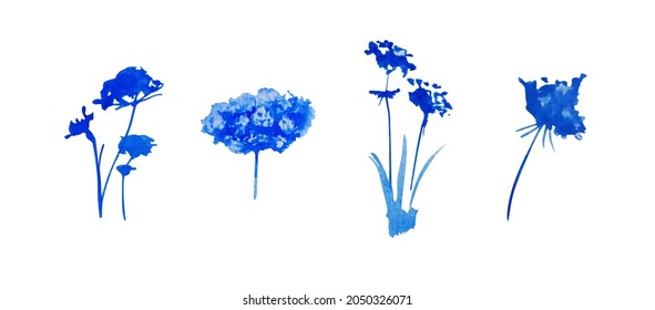 Watercolor Angelica Set Isolated On White Background. Blue Plants. Raster Stock Illustration. Elements For Design Textile, Greeting Cards